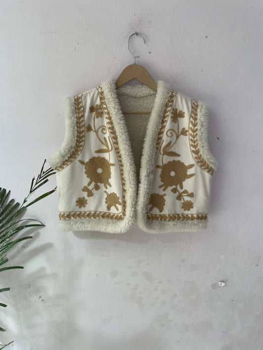 Cotton Velvet Embroidered Furr Vest